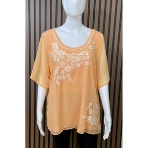Soft Surroundings Women's 1X Orange Blouse Cotton Top Chic Floral Embroidered